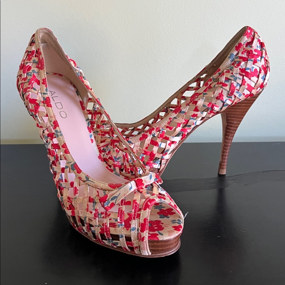 Aldo floral print peep-toe basket weave platform heels - Picture 8 of 13